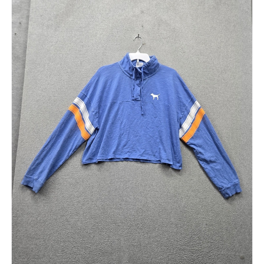 PINK Victoria's Secret Women Sweatshirt M Blue Striped Dog Logo Cropped 1/4 Zip